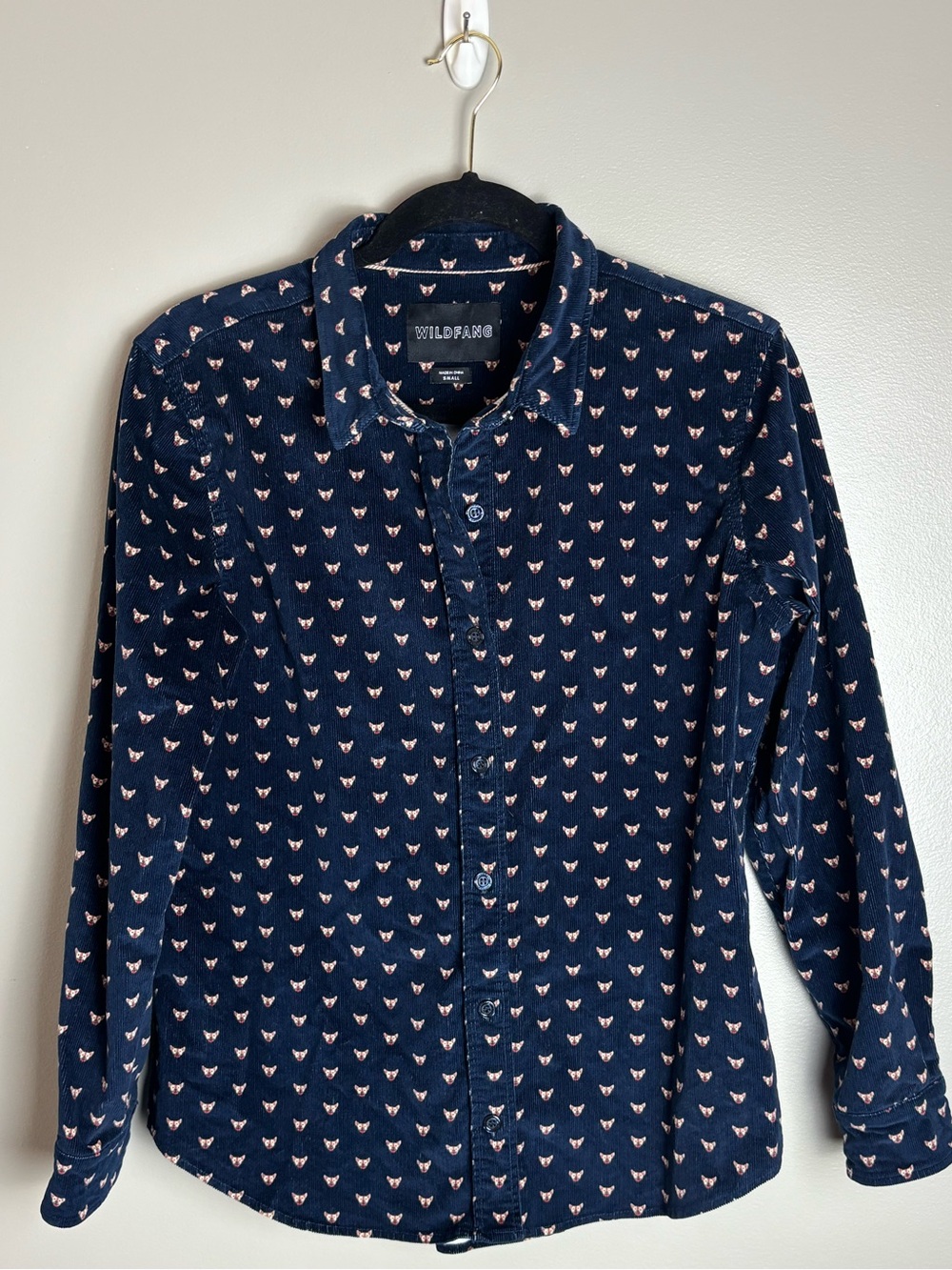 Wildfang Women’s Essential Corduroy Navy Shirt with Puppy Print Motif Size Large